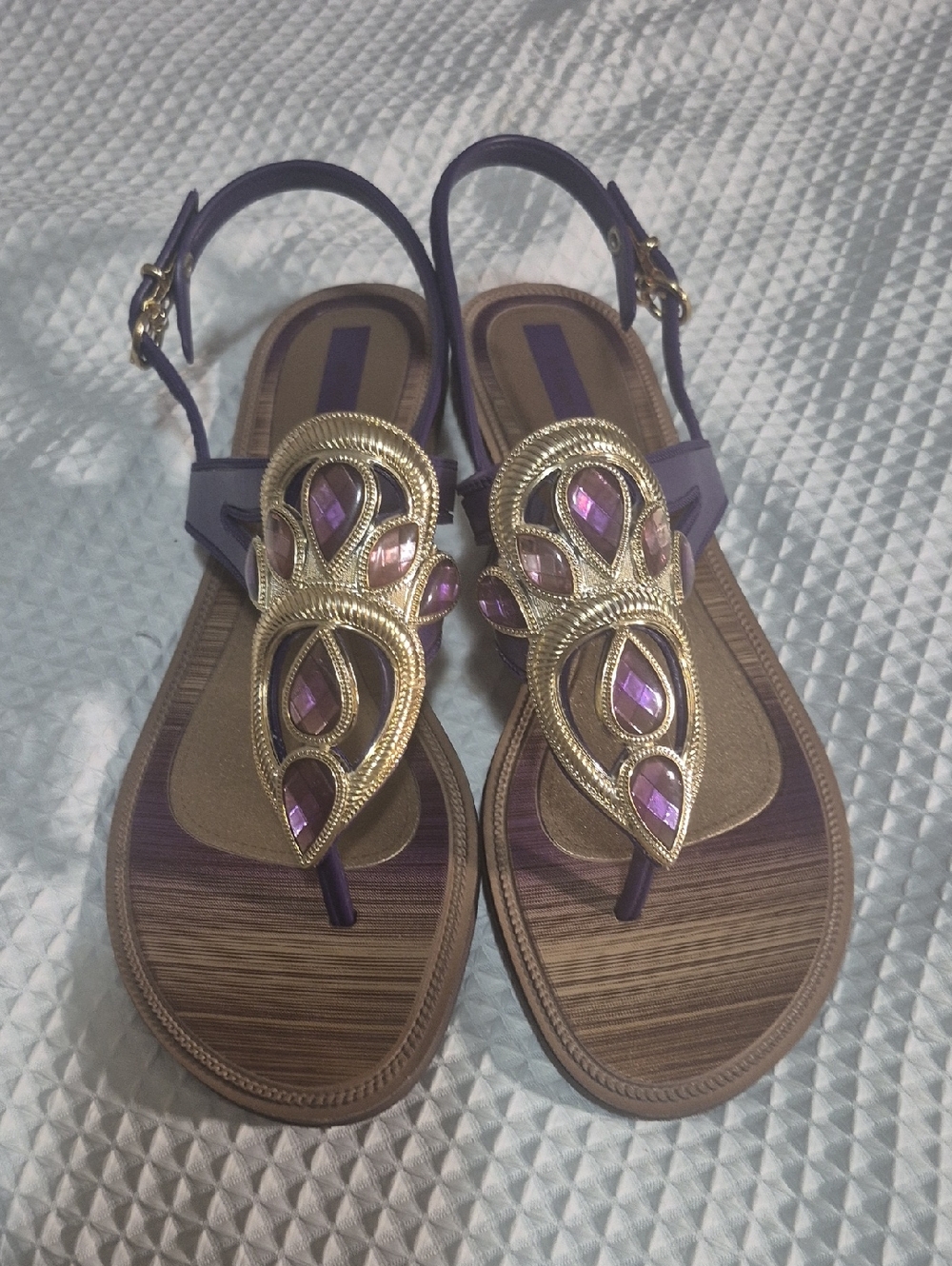 Women's Purple Gem Embellished T-Strap Sandals
